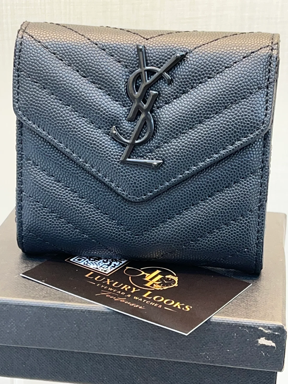 Saint Laurent Portefeuille Compact Matelassé Noir Logo Noir